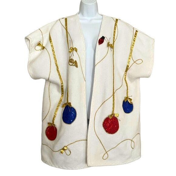 Hand Sewn Christmas Holiday Sequin Bead Ornament Gold Ribbon Fleece Jacket Top - Picture 1 of 16
